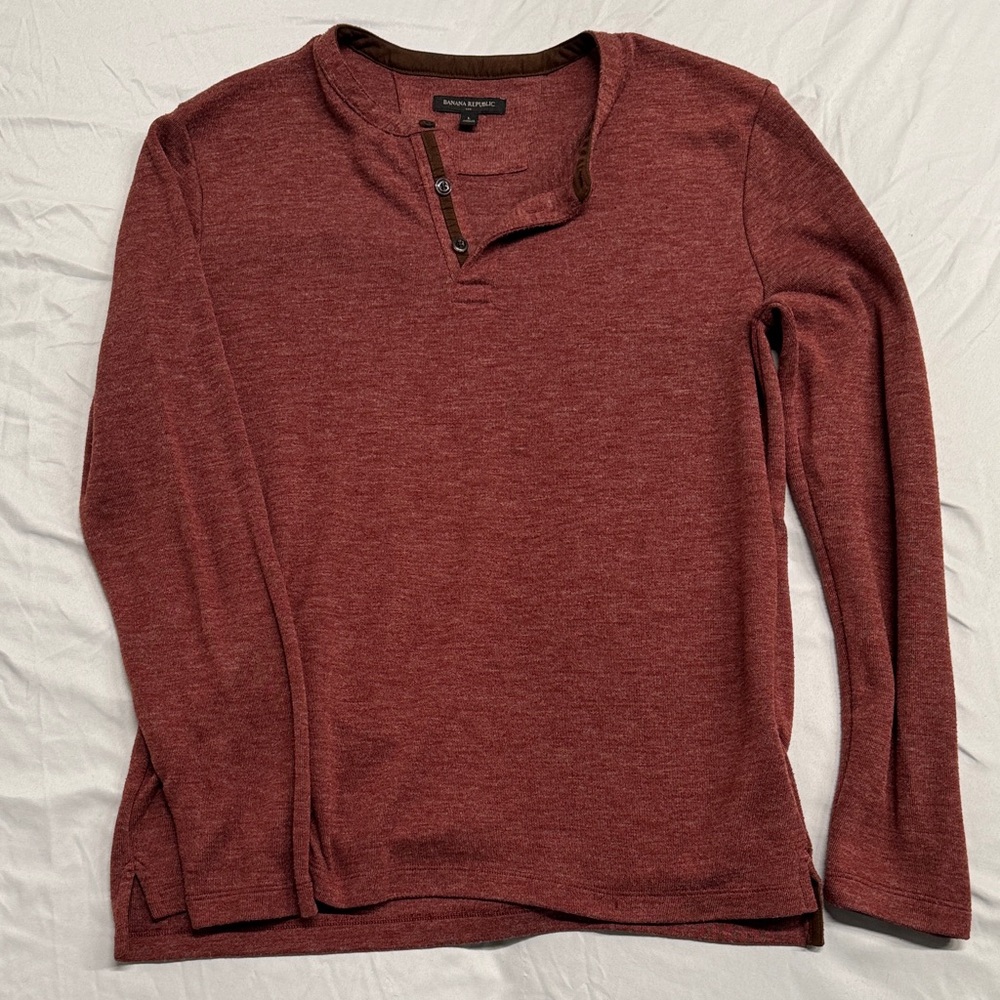Banana Republic Red Henley with Brown Leather Collar Accents